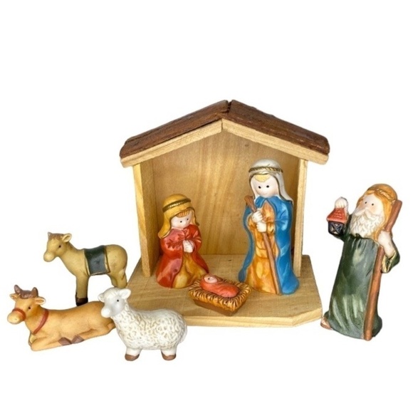 Vintage Home For The Holidays Wood Crèche & Porcelain Nativity Set, Complete - Picture 1 of 12